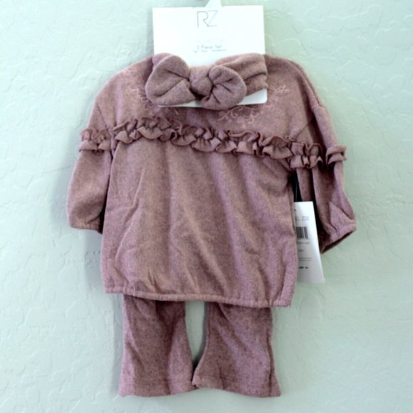 RZ Baby by Rachel Zoe 3 Piece Set Long Sleeve Top, Pant & Headband 0-3M - Picture 1 of 5